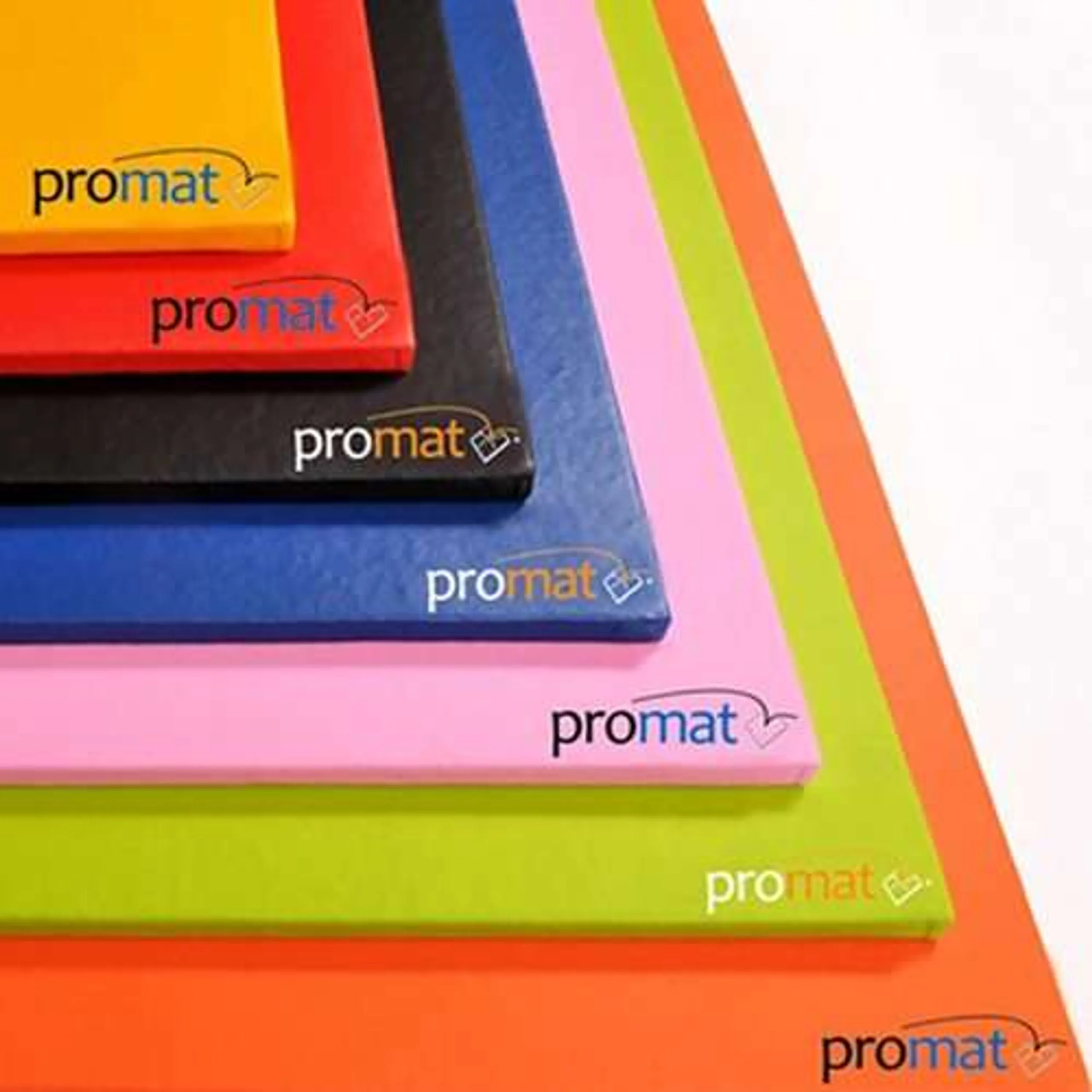 Stacked gym mats in yellow, red, black, blue, pink, green and orange with "promat" printed on each corner.