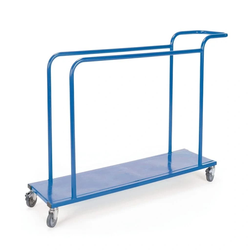 Blue powder-coated steel vertical mat trolley with two compartments, flat base and four swivel castors.