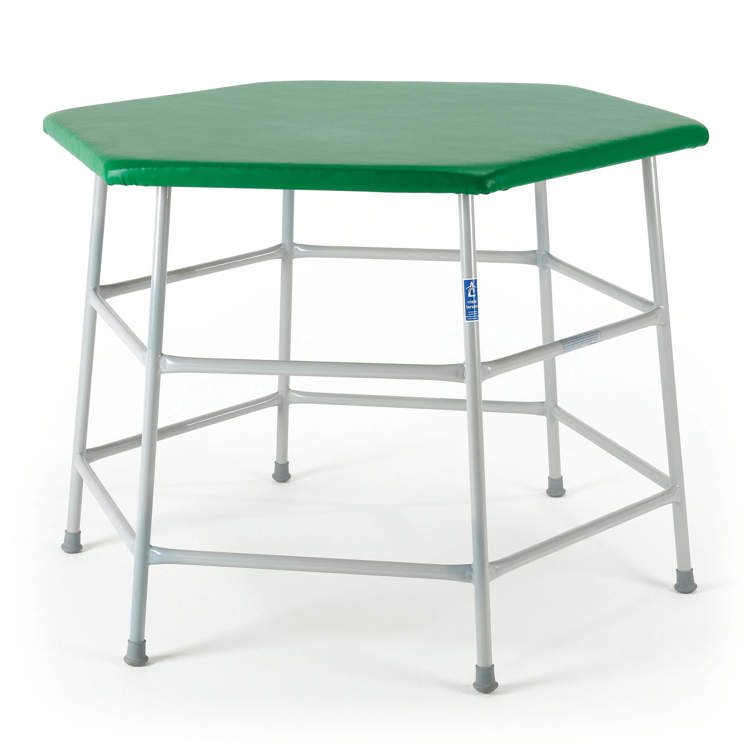 Hexagonal movement table with blue vinyl top over flame-retardant foam and powder-coated steel frame, label reading niels larsen.