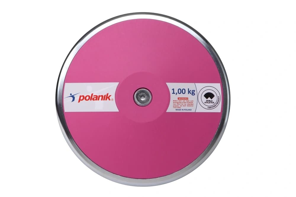Pink competition discus with alloy rim, synthetic side plates and central metal hub labeled "1,00 kg".