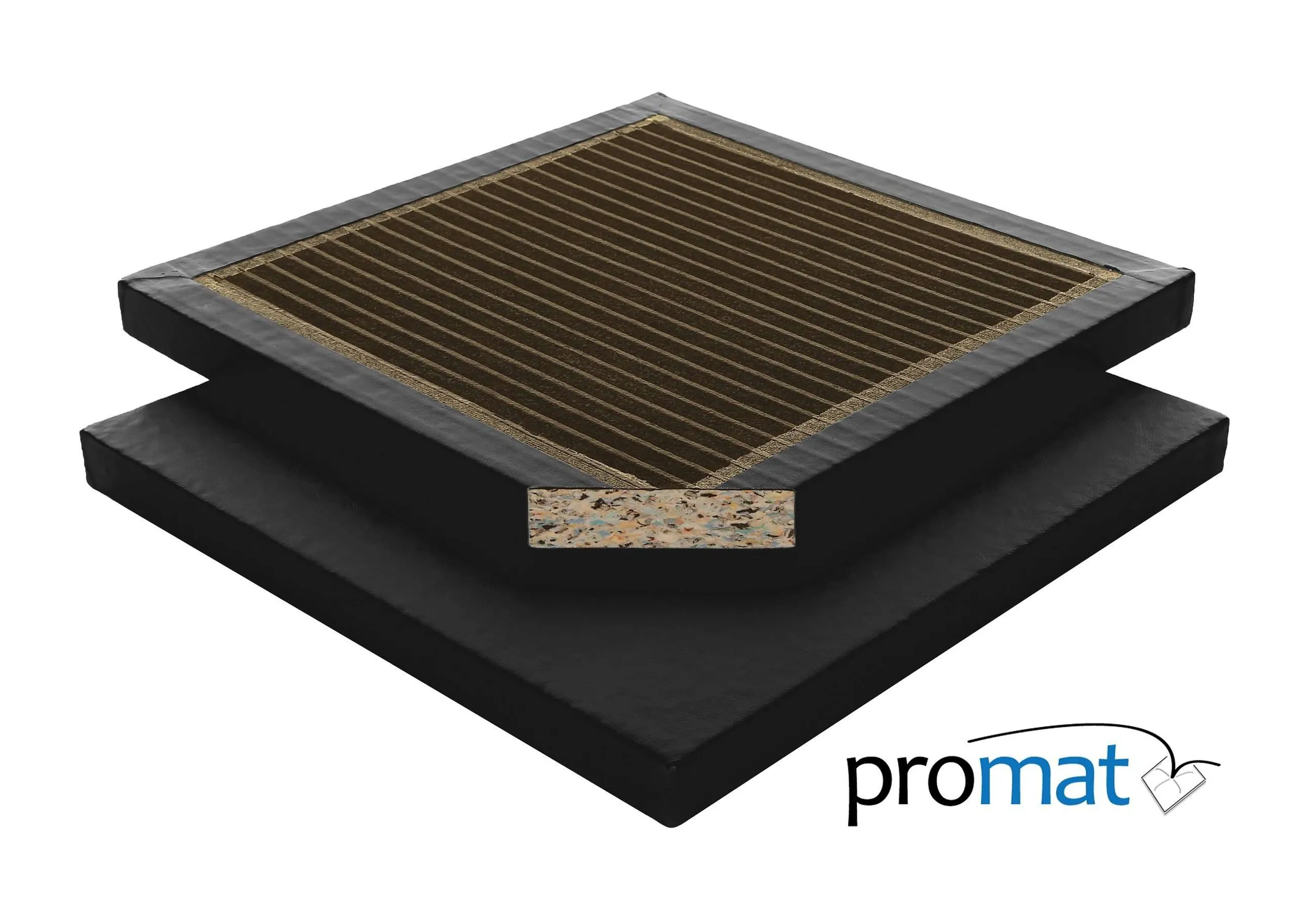 Black gym mat with a top cutaway revealing speckled chip foam core and ribbed surface, PVC fabric cover and reinforced latex anti-slip base.