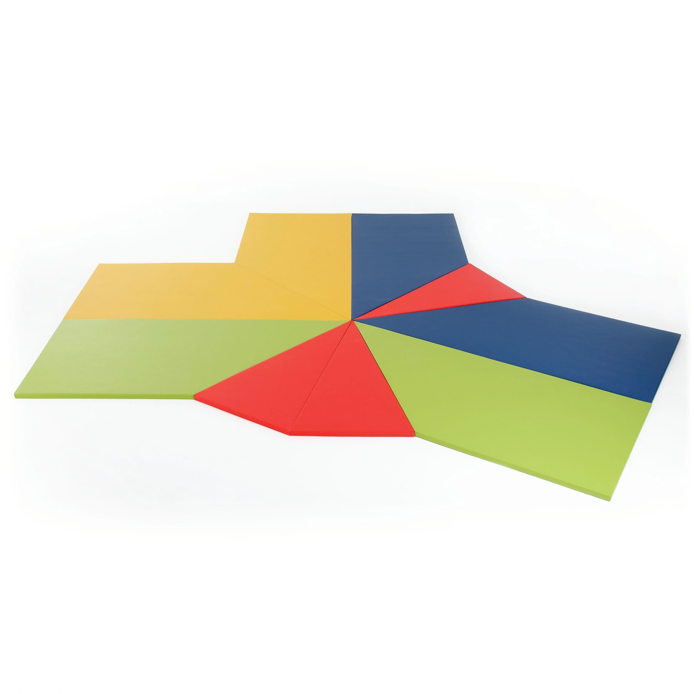 Colorful mat set arranged in a radial star shape with yellow, blue, green and red wedge panels on a white background.
