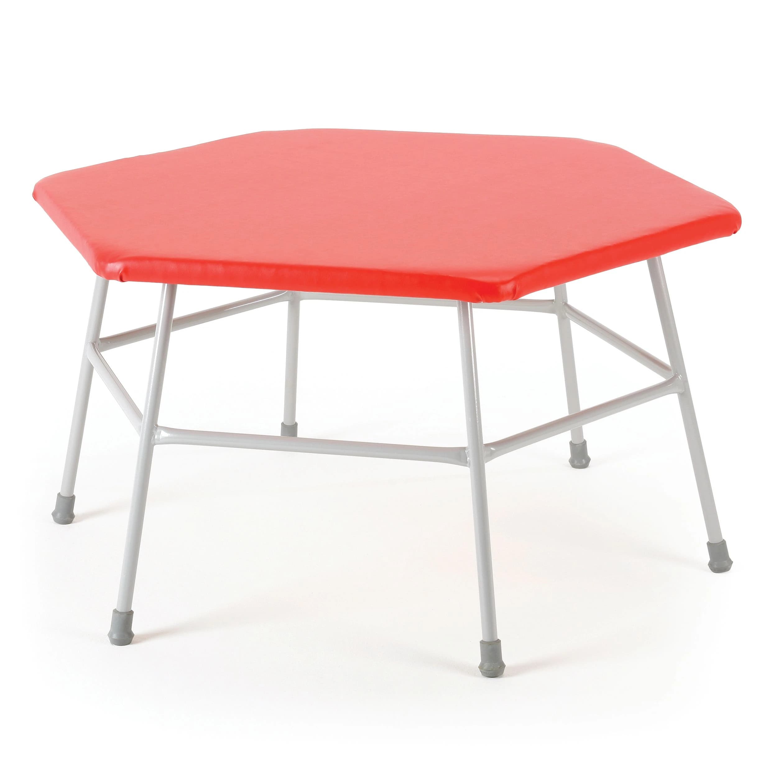 Hexagonal movement table with red vinyl-covered foam top, grey powder-coated steel frame and non-marking rubber feet.
