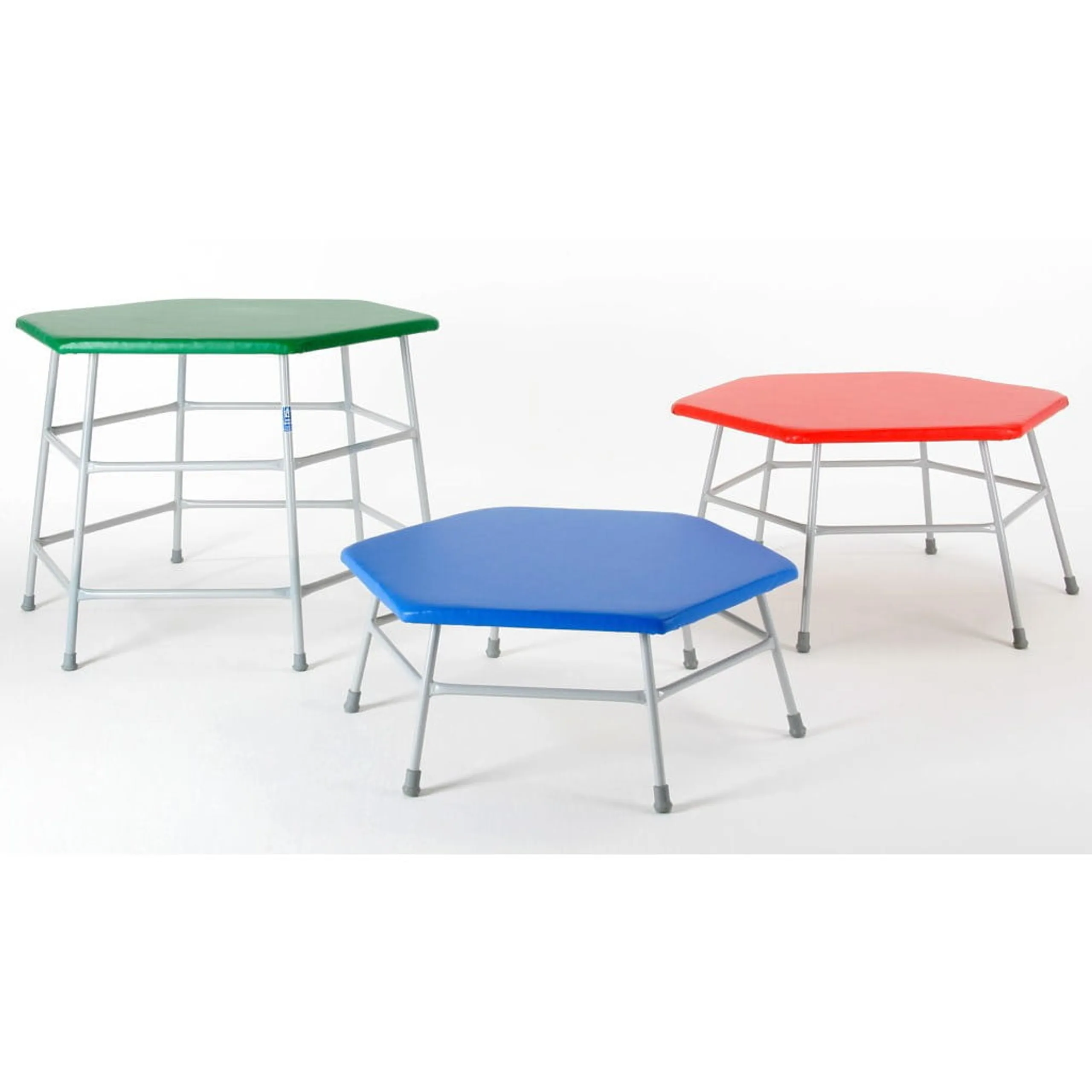 LAT821 HEXAGONAL TABLE 840MM HIGH WITH GREEN TOP AND SILVER FRAME