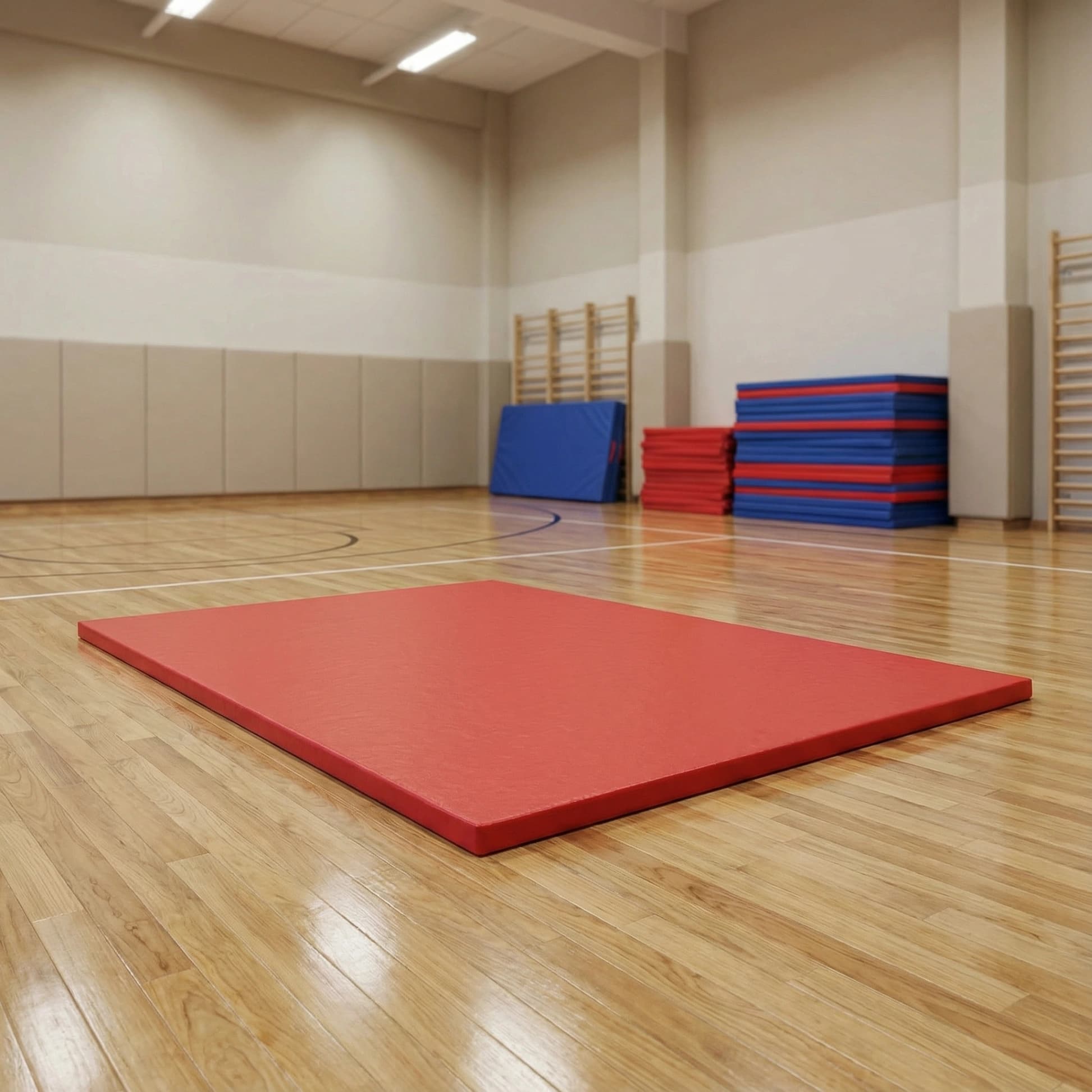 Red all-purpose gym mat with PVC surface on a wooden sports hall floor, with stacked blue and red mats and wall bars in the background.