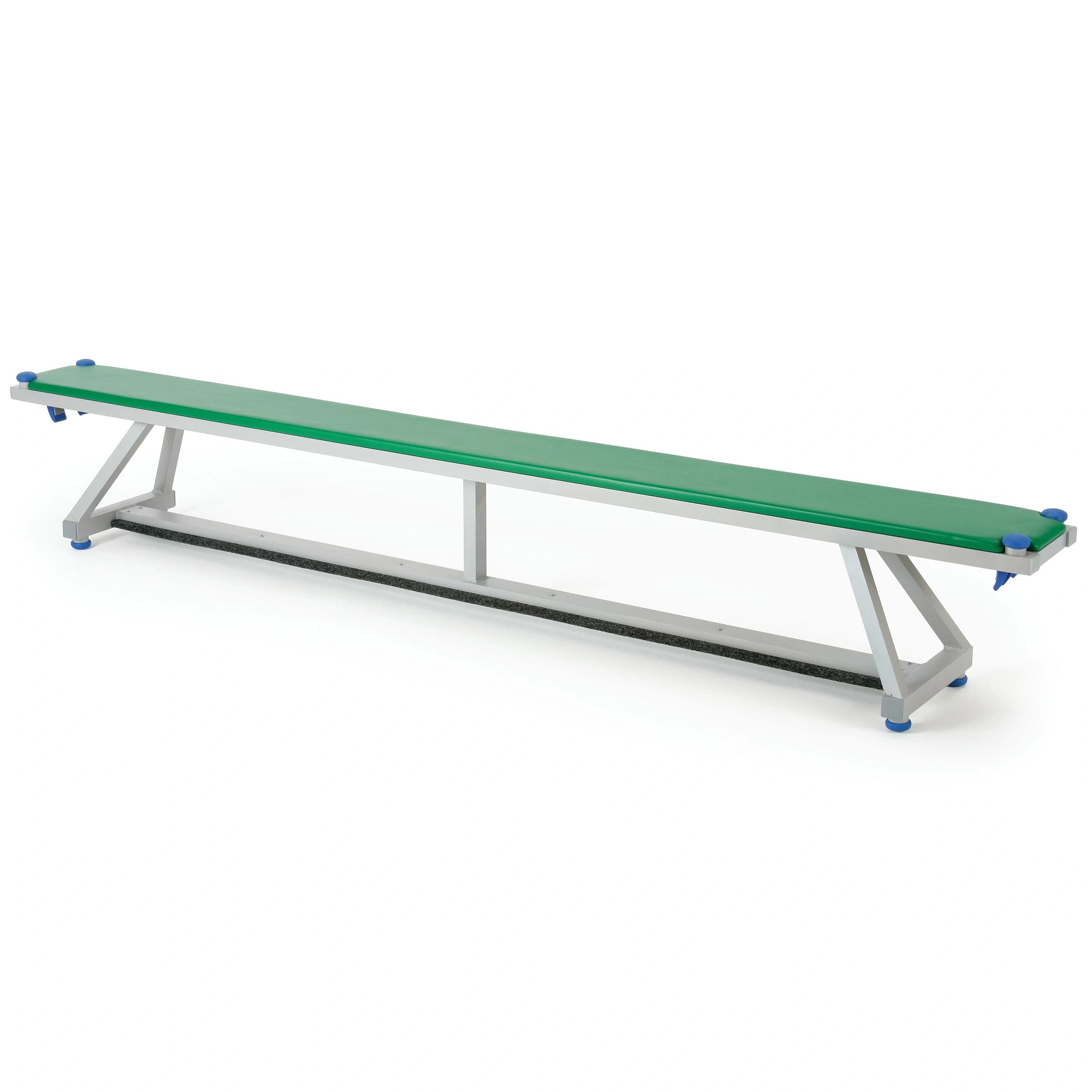 Green upholstered bench with aluminium frame and blue rubber feet on a white background.