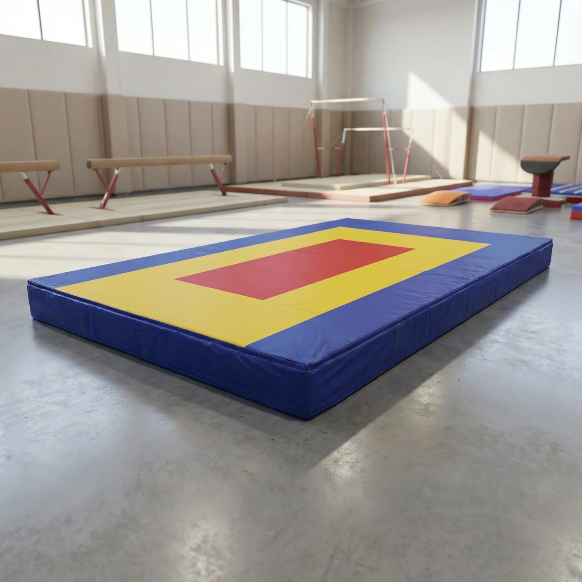 Blue landing mat cover with yellow landing area and central red rectangle on a gym floor, with balance beams and bars in the background.
