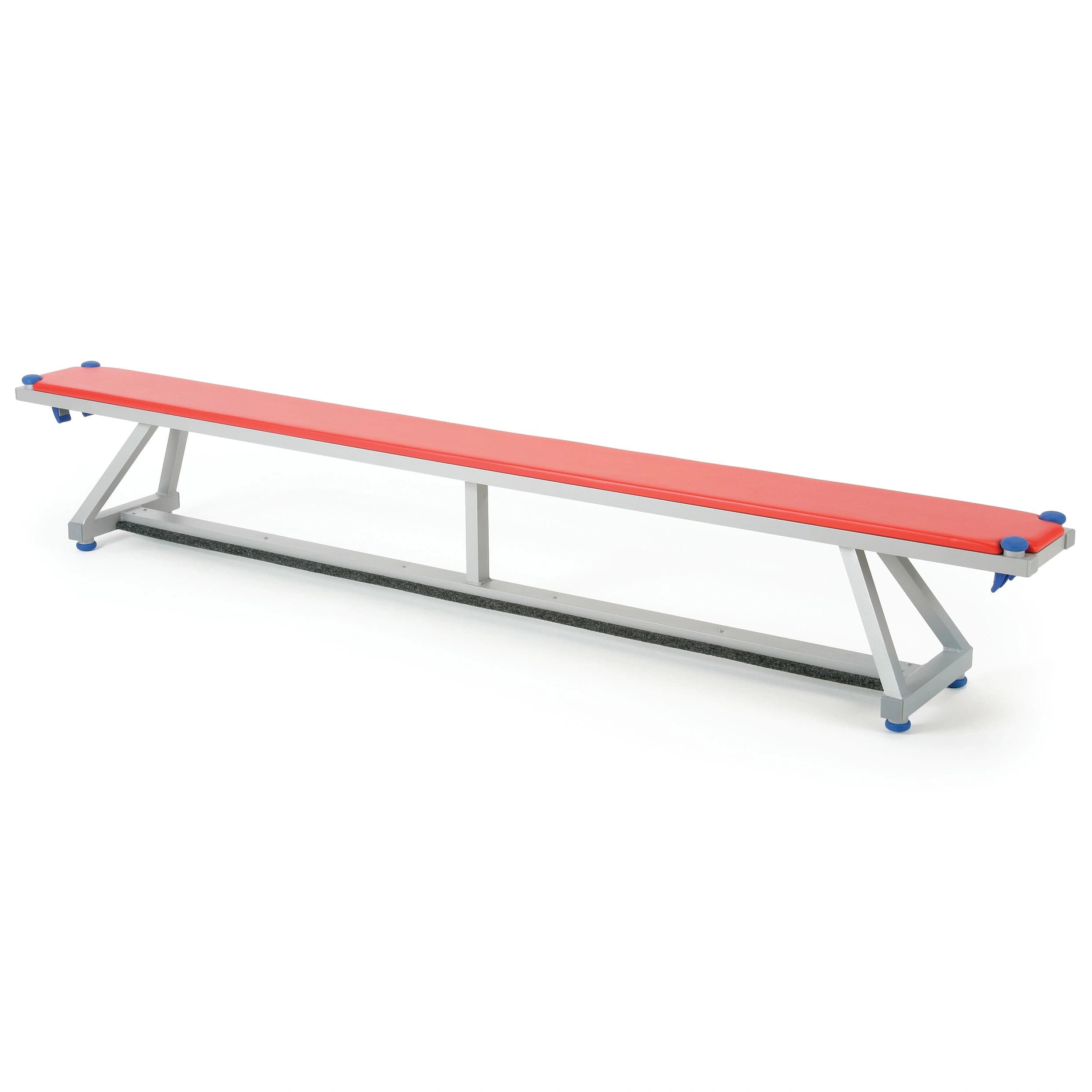 Aluminium bench with red upholstered top, blue rubber feet, and angled support legs.
