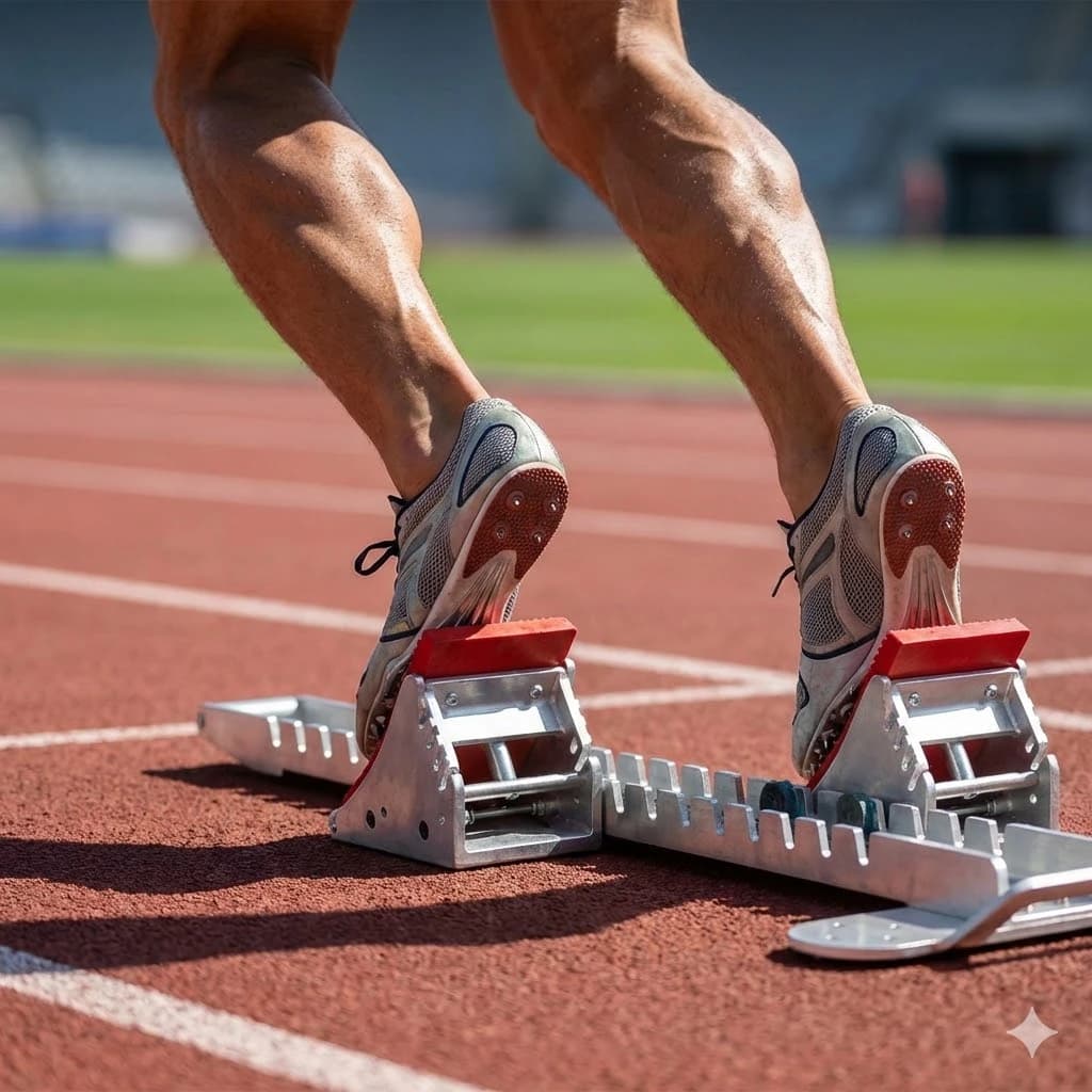 Runner's lower legs and spiked shoes pushing off aluminium starting blocks with red foot pads on a red track.