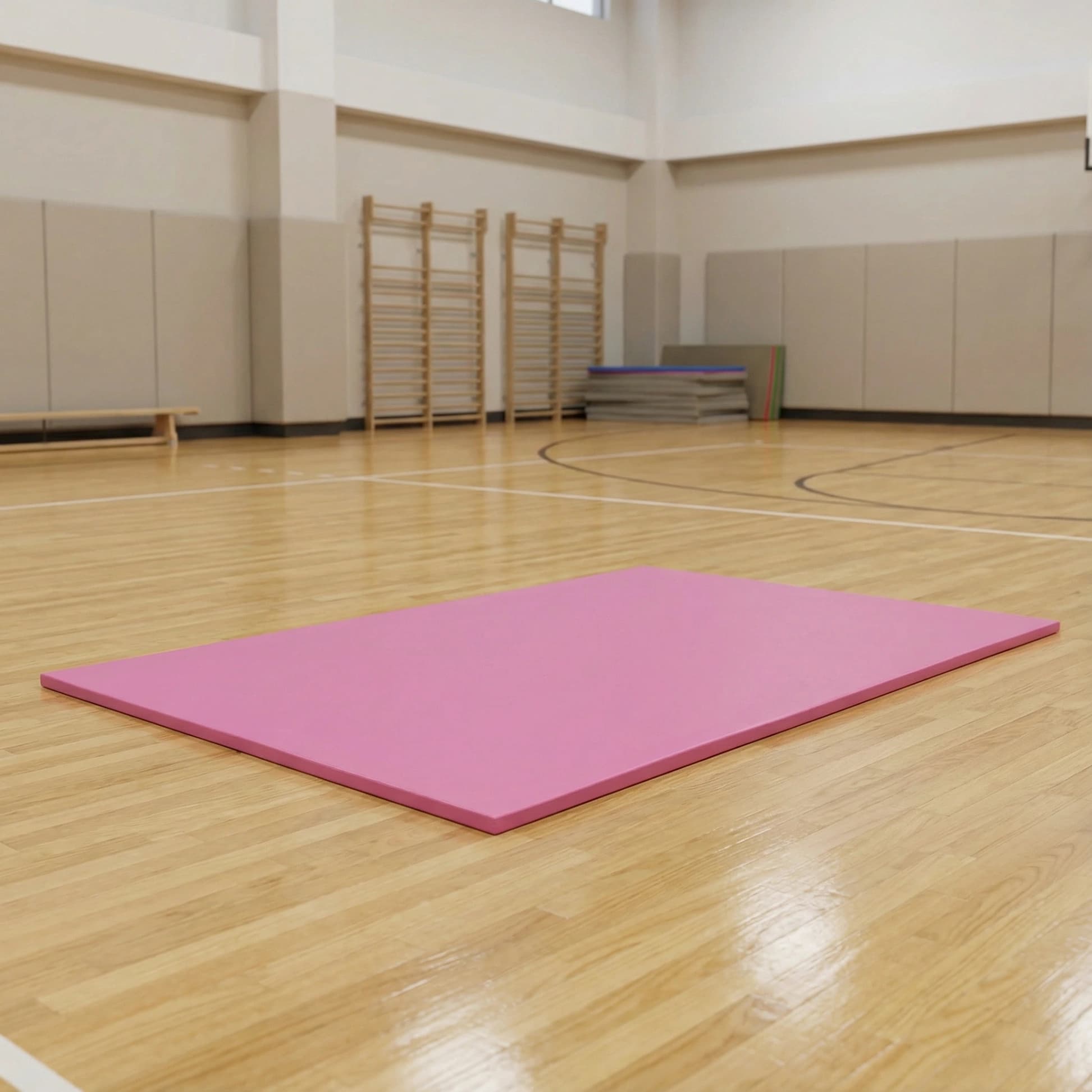 Pink gym mat with heat-welded sealed corners lying on a wooden school gym floor with stacked mats and wall bars in the background.