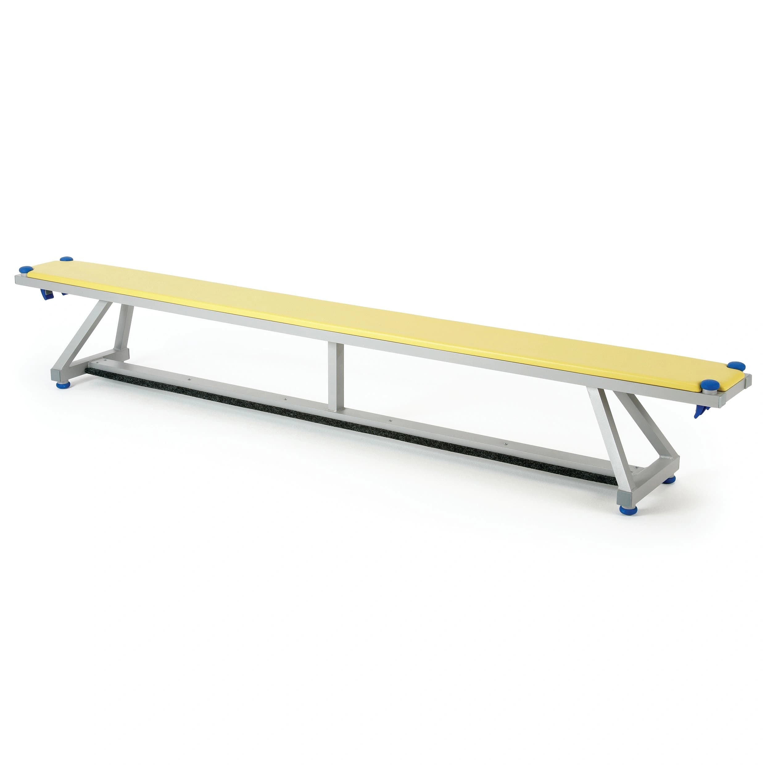 Aluminium-framed Lita bench with a yellow upholstered top, blue corner caps and rubber feet.