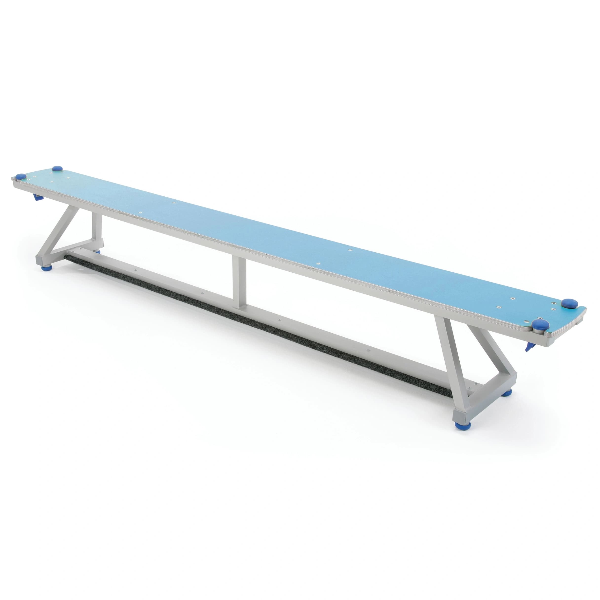 Long aluminium Lita bench with an upholstered top, rubber feet for grip and visible corner bumpers on folding support legs.