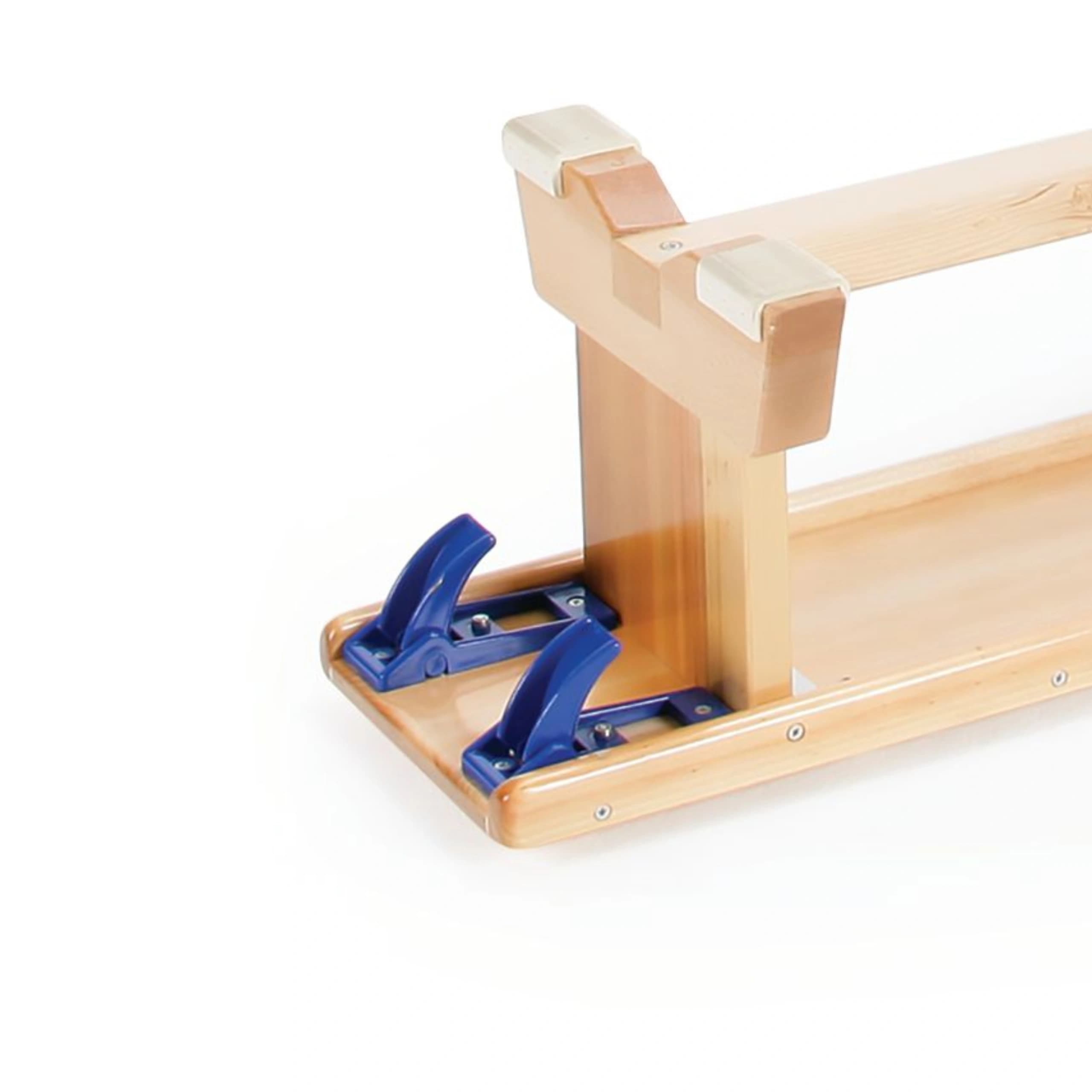 Kiln-dried pine balance bench corner with dovetail joint, rubber-capped top ends and two blue nylon hooks attached.